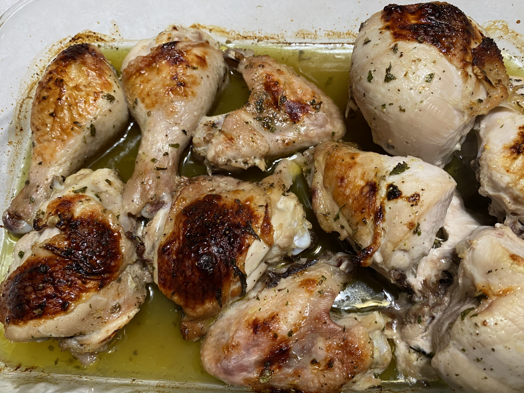 Pan of baked Fire Cider Chicken