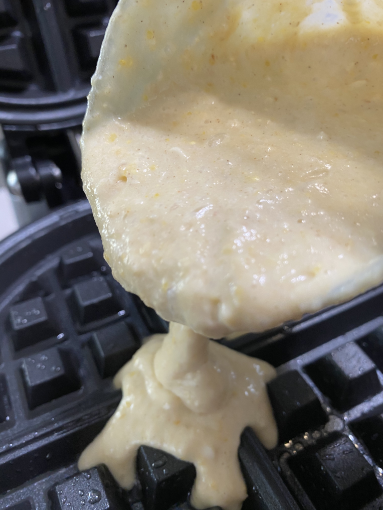 Batter consistency.  Waffle iron is heated and has been oiled.  The thickness of batter is perfect.  if it thickens up as it sits, thin with some additional water
