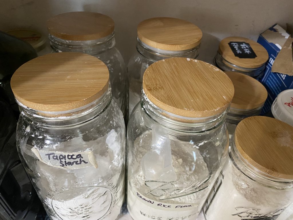 Flour in mason jars in pantry (these are my everyday use flours, I refill these from the buckets)
