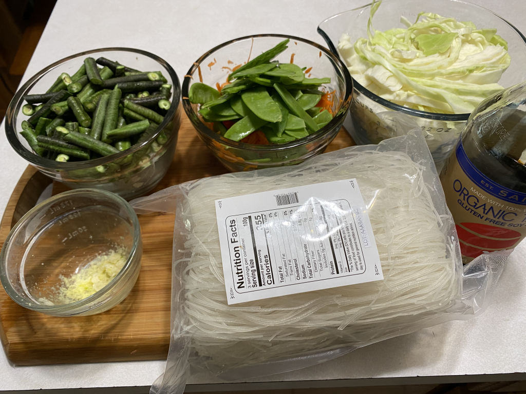 Ingredients used in my version of gluten-free Pancit. Chicken  Broth is not shown in picture.