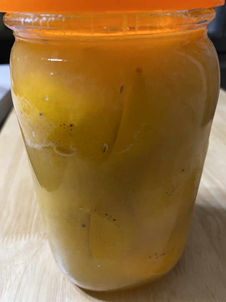 Just made jar of preserved Meyer lemons.  Dark spots are just the mineral from the sea salt. 