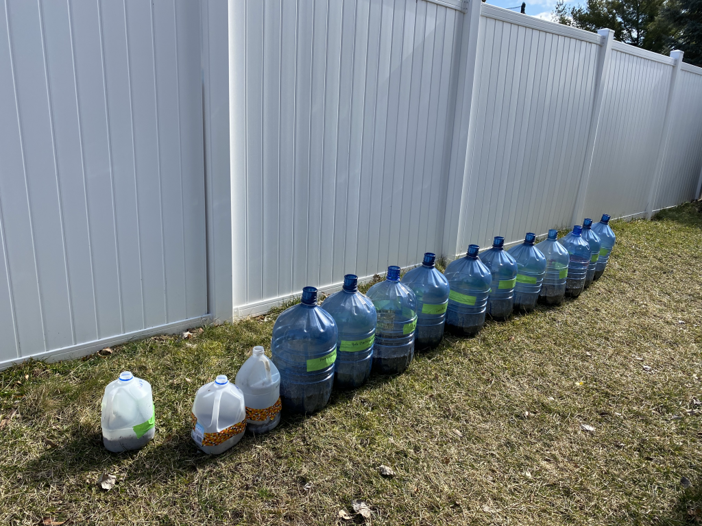 First jugs filled for winter-sowing in  winter of 2020.  The smaller jugs worked better. 