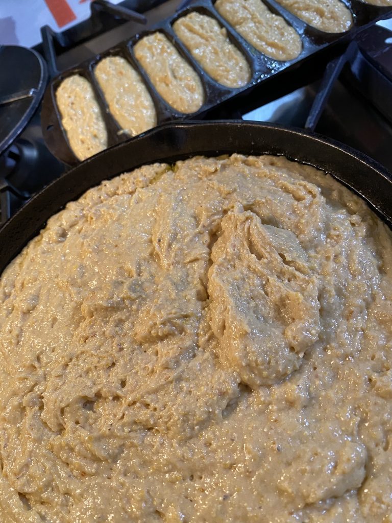 Pans filled with gluten-free cornbread batter. 