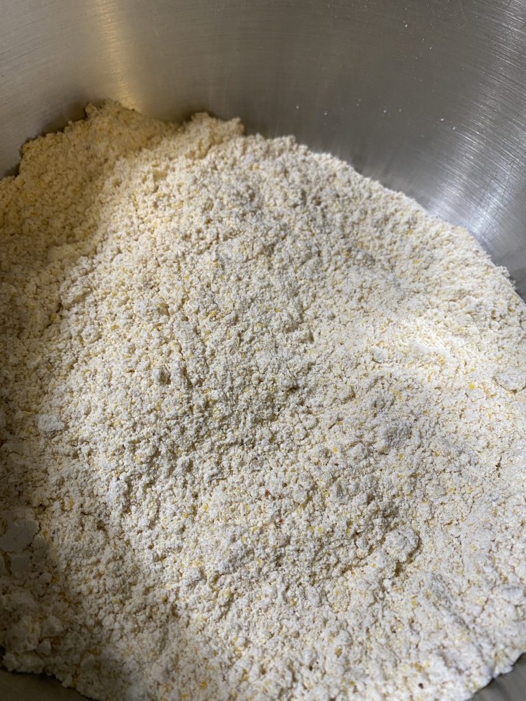 Dry ingredients, for gluten-free cornbread, all mixed. 