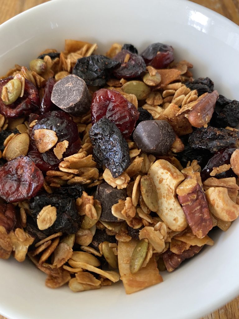Gluten-free Granola made into trail mix.  Added dried organic cherries, blueberries, raisins and cranberries.  Included some Hu chocolate gems too. 