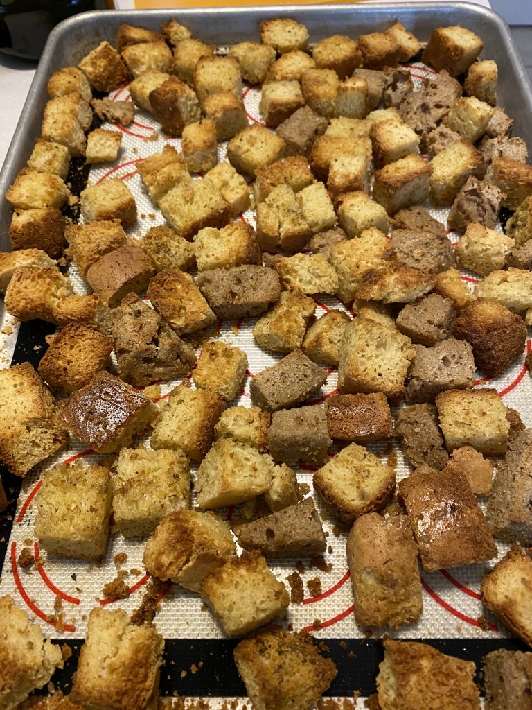   Baked bread cubes. Croutons for stuffing